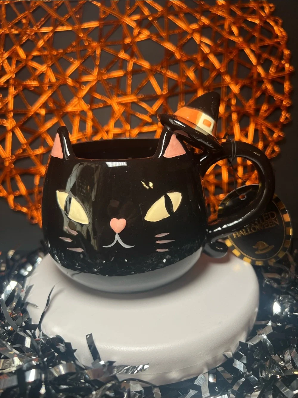 Halloween Black Cat Shaped Ceramic Mug with Witch Hat Handle Kitty Kitten